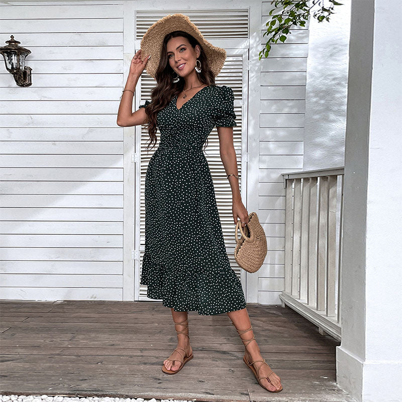 Polka Dot Midi Dress with V-Neck and Ruched Waist