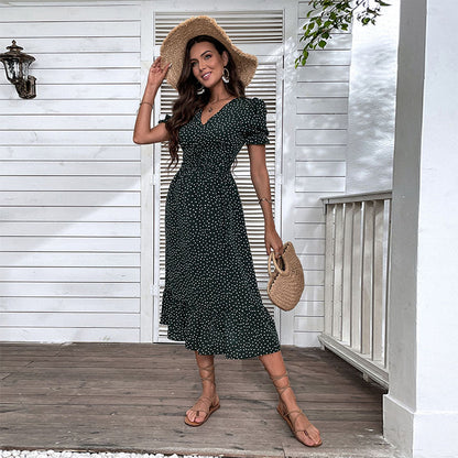 Polka Dot Midi Dress with V-Neck and Ruched Waist