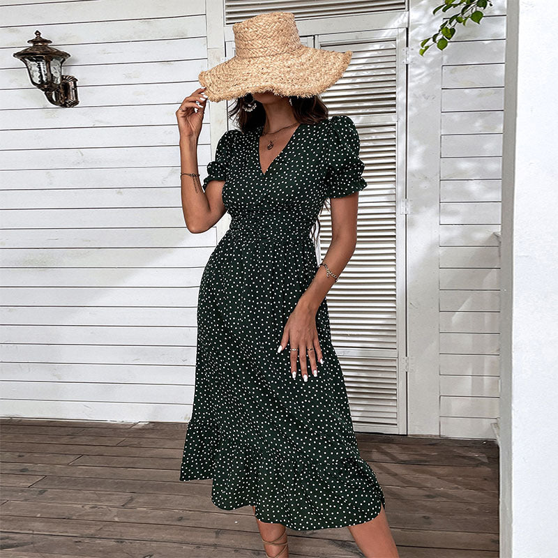 Polka Dot Midi Dress with V-Neck and Ruched Waist