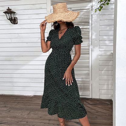 Polka Dot Midi Dress with V-Neck and Ruched Waist