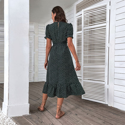 Polka Dot Midi Dress with V-Neck and Ruched Waist