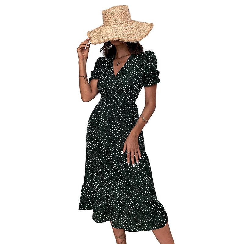 Polka Dot Midi Dress with V-Neck and Ruched Waist