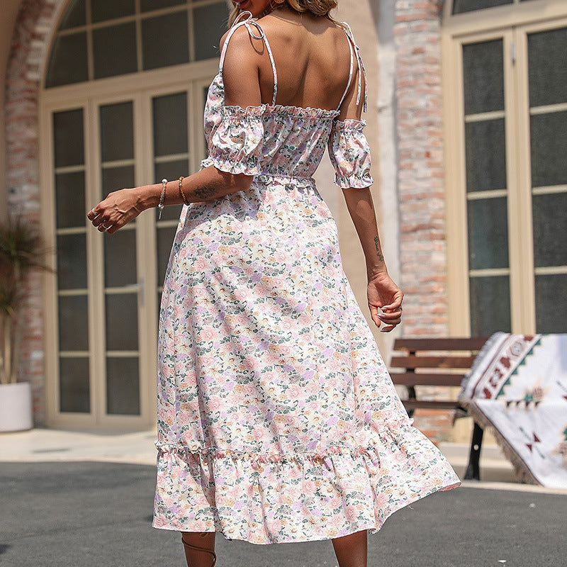 Floral A-Line Midi Dress with Ruffled Off-Shoulder Puff Sleeves