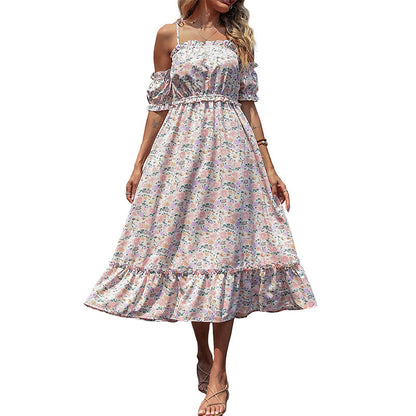 Floral A-Line Midi Dress with Ruffled Off-Shoulder Puff Sleeves