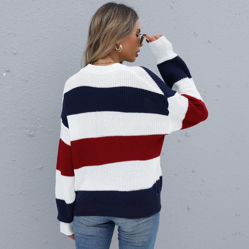 Color-Blocked Pullover Sweater with Loose Fit and Semi-High Collar