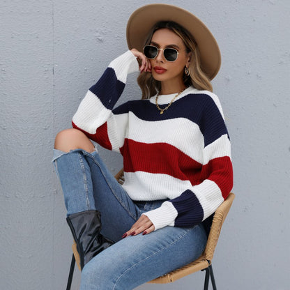 Color-Blocked Pullover Sweater with Loose Fit and Semi-High Collar