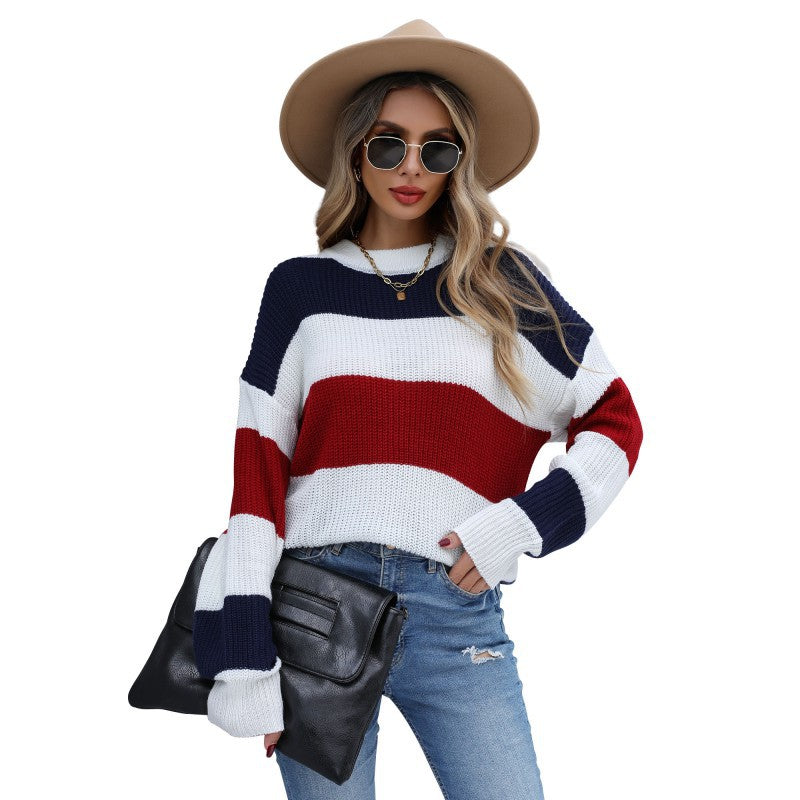 Color-Blocked Pullover Sweater with Loose Fit and Semi-High Collar