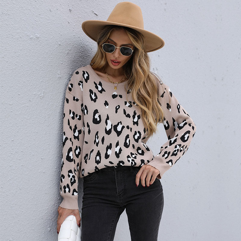 Loose Leopard Print Pullover Sweater with Crewneck