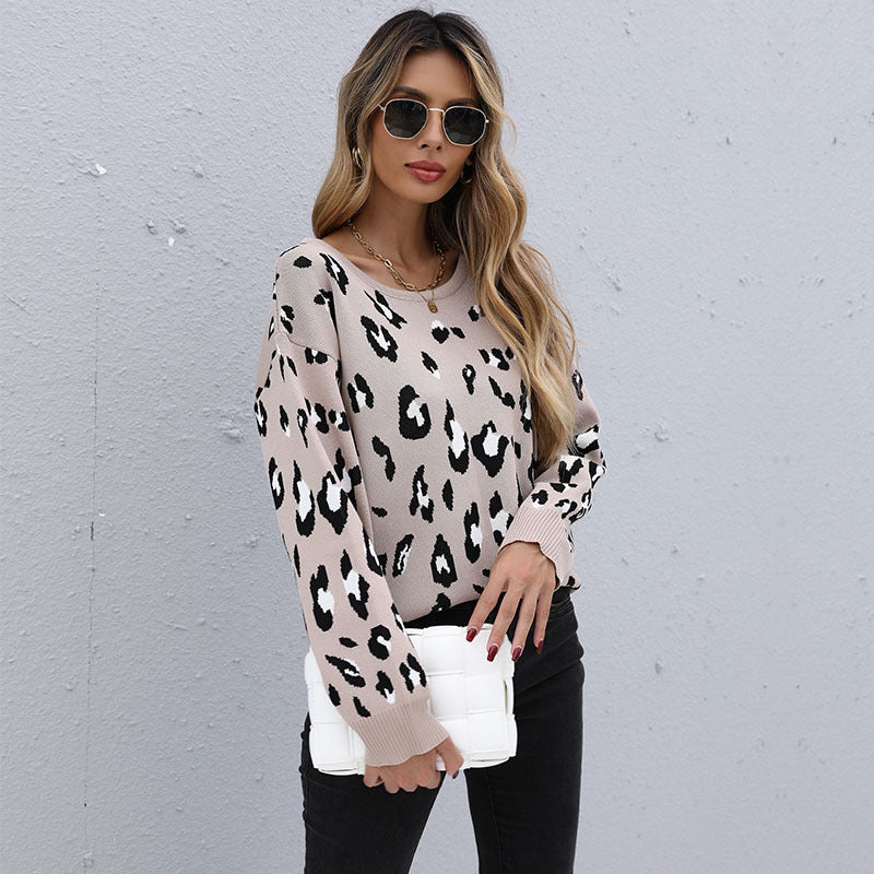 Loose Leopard Print Pullover Sweater with Crewneck