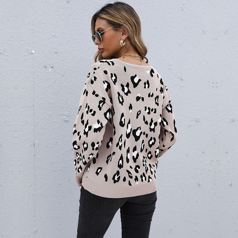 Loose Leopard Print Pullover Sweater with Crewneck