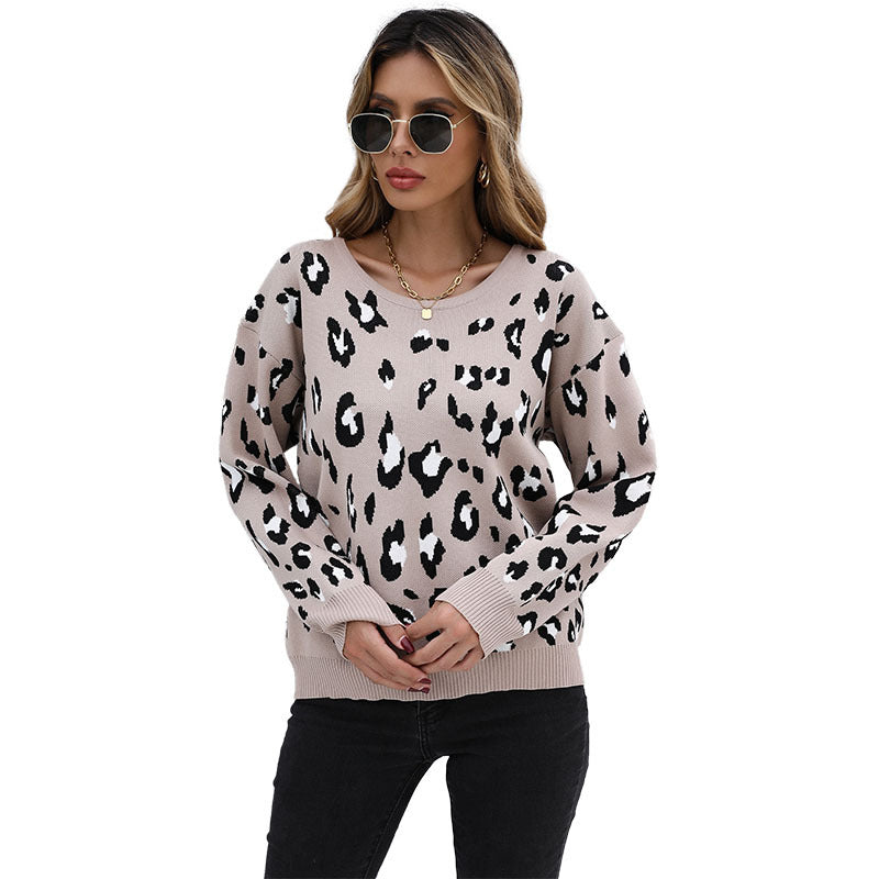 Loose Leopard Print Pullover Sweater with Crewneck
