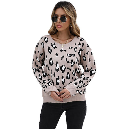 Loose Leopard Print Pullover Sweater with Crewneck