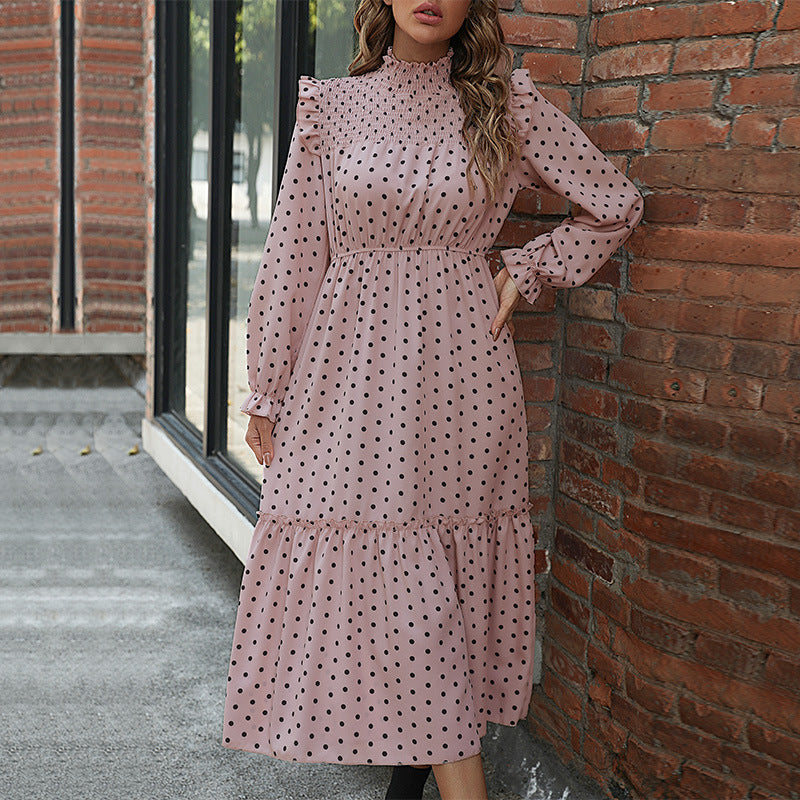 Polka Dot Midi Dress with Ruffled Smocked Neck