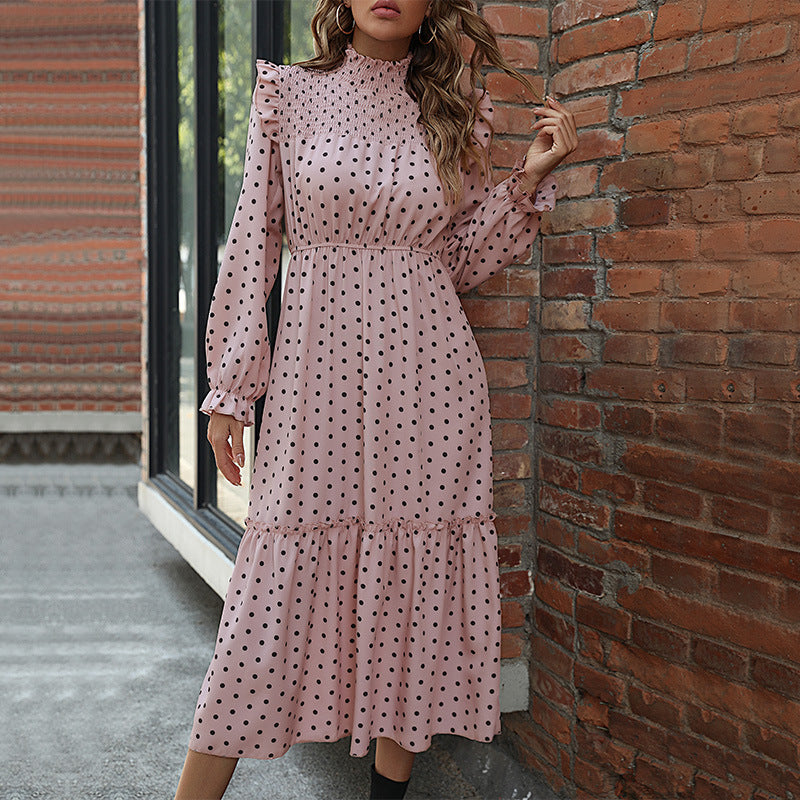 Polka Dot Midi Dress with Ruffled Smocked Neck