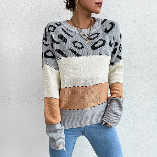 Leopard Print Color-Block Knit Sweater with Crewneck
