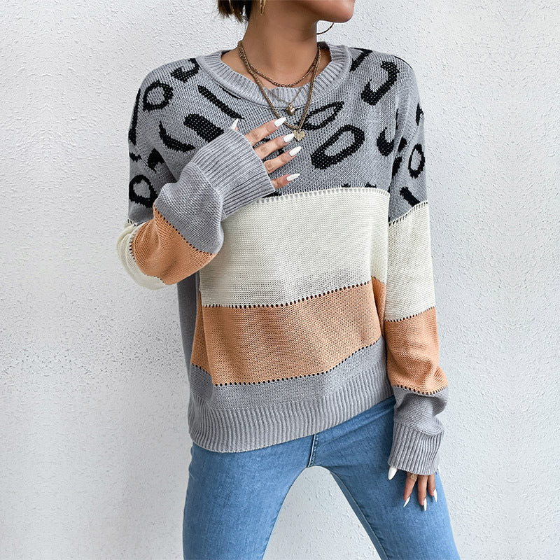 Leopard Print Color-Block Knit Sweater with Crewneck