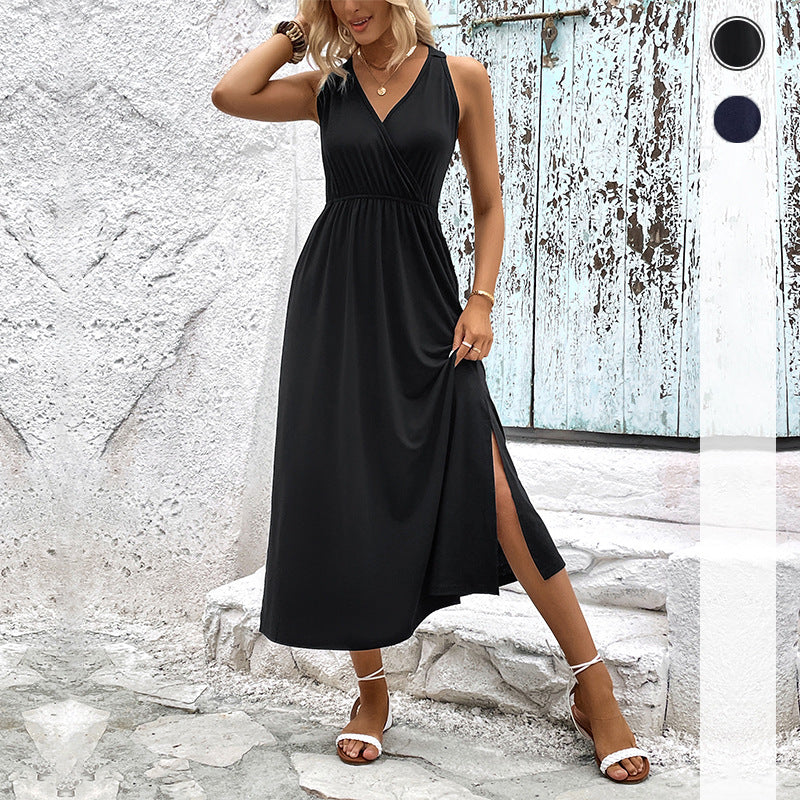 A-Line Midi Dress with Strappy V-Neck and Side Slit
