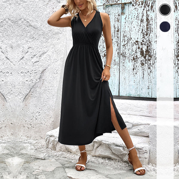 A-Line Midi Dress with Strappy V-Neck and Side Slit