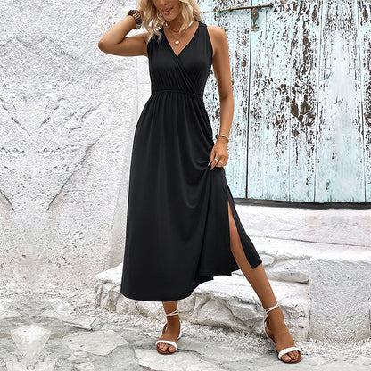 A-Line Midi Dress with Strappy V-Neck and Side Slit