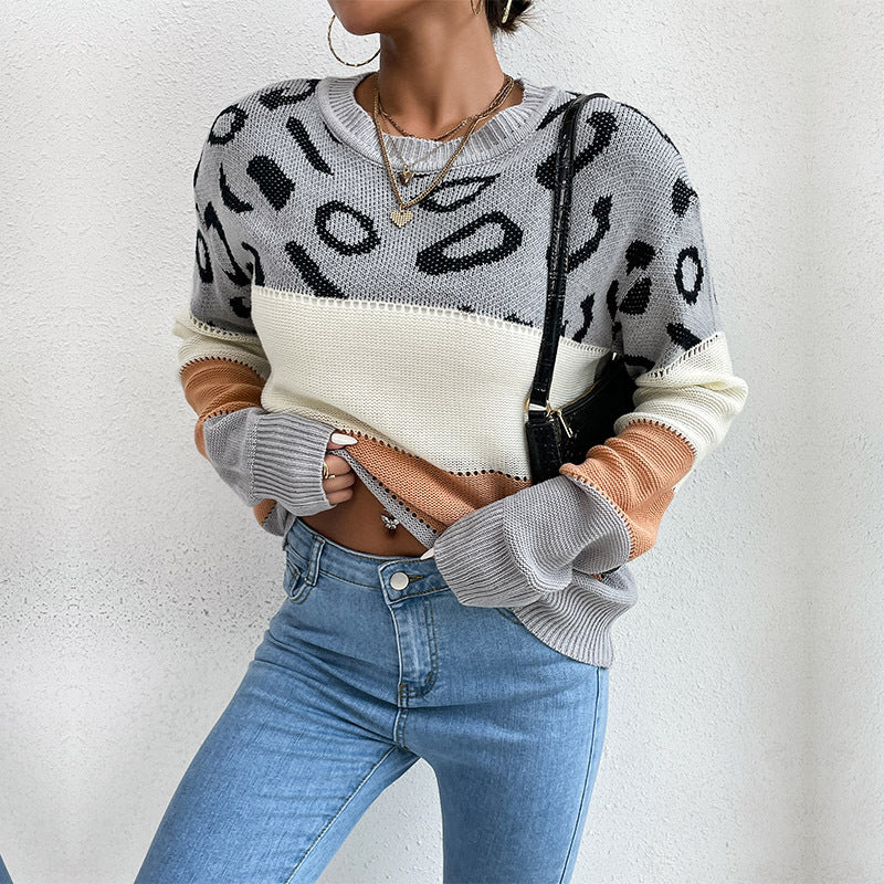 Leopard Print Color-Block Knit Sweater with Crewneck