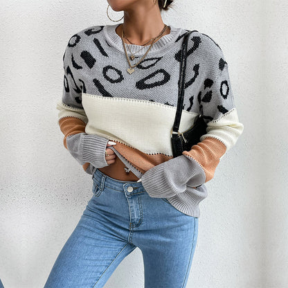 Leopard Print Color-Block Knit Sweater with Crewneck