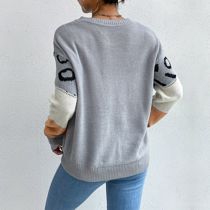 Leopard Print Color-Block Knit Sweater with Crewneck