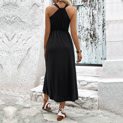 A-Line Midi Dress with Strappy V-Neck and Side Slit