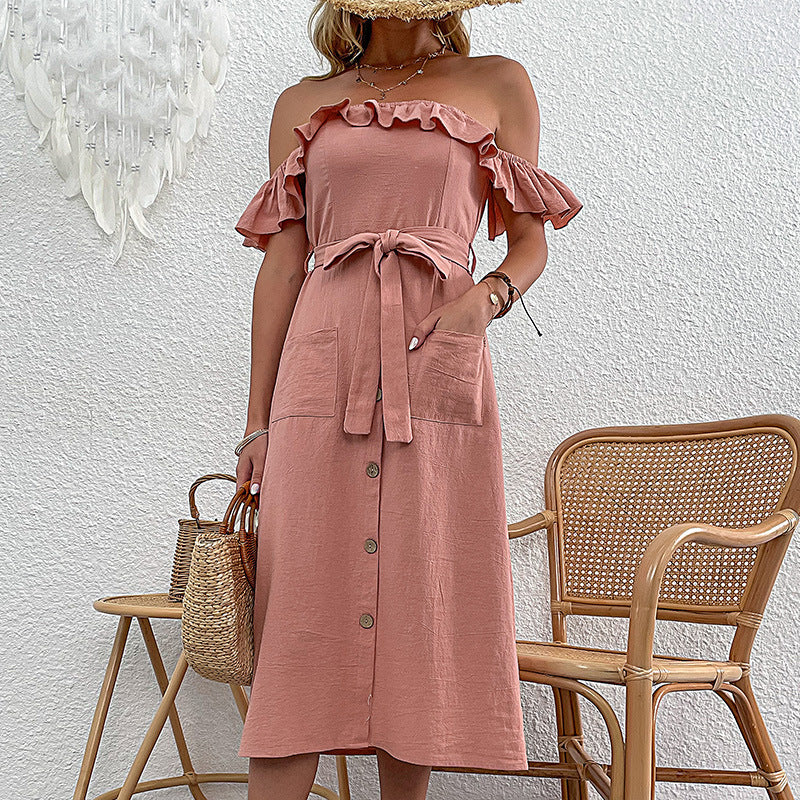 Solid A-Line Midi Dress with Off-the-Shoulder Ruffles and Tie Waist