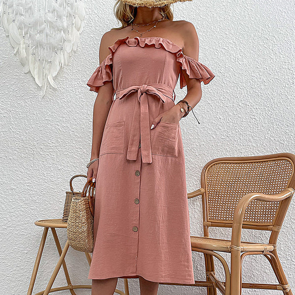 Solid A-Line Midi Dress with Off-the-Shoulder Ruffles and Tie Waist