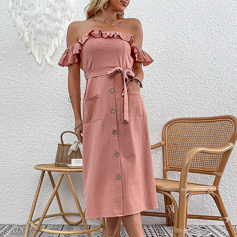 Solid A-Line Midi Dress with Off-the-Shoulder Ruffles and Tie Waist
