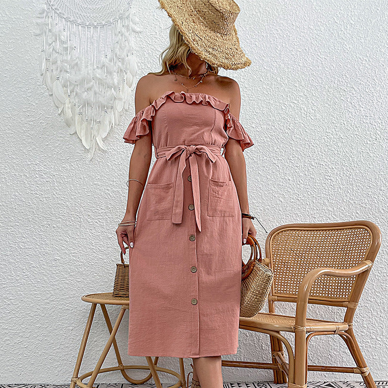 Solid A-Line Midi Dress with Off-the-Shoulder Ruffles and Tie Waist