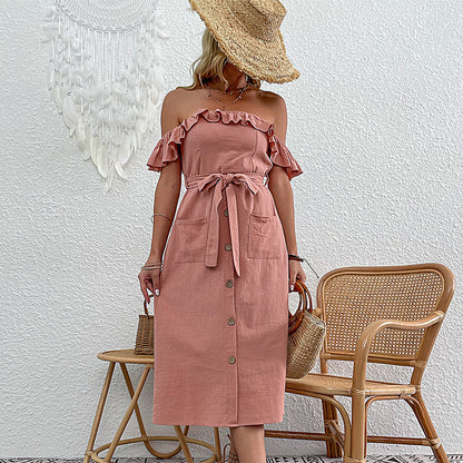 Solid A-Line Midi Dress with Off-the-Shoulder Ruffles and Tie Waist
