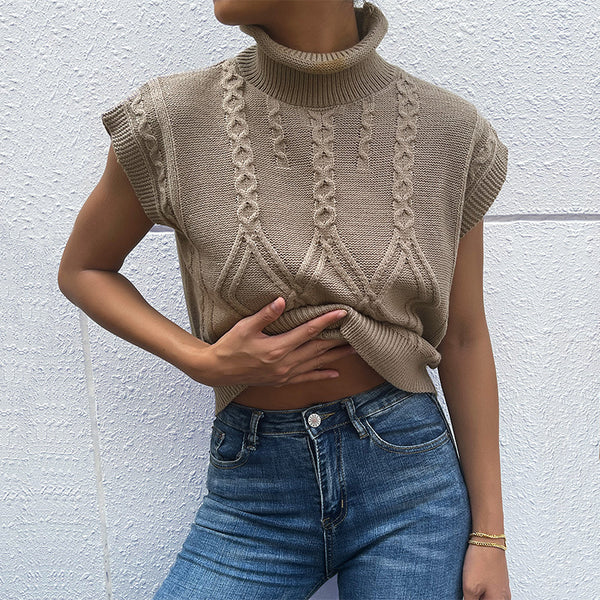 Cable Knit Turtleneck Pullover with Cap Sleeves