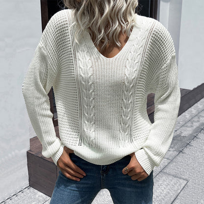 Loose Cable Knit Sweater with V-Neck and Long Sleeves