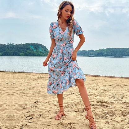 Floral A-Line Midi Dress with V-Neck and Ruffle Sleeves