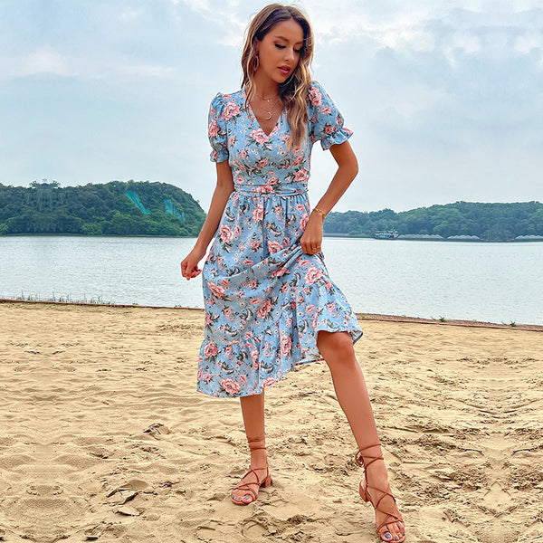 Floral A-Line Midi Dress with V-Neck and Ruffle Sleeves