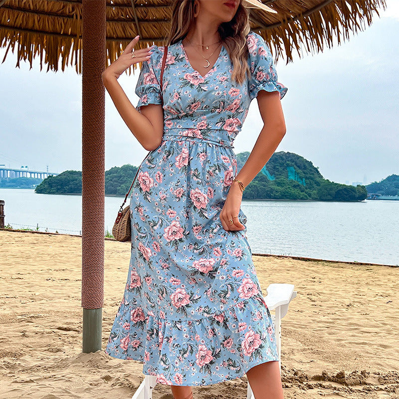 Floral A-Line Midi Dress with V-Neck and Ruffle Sleeves