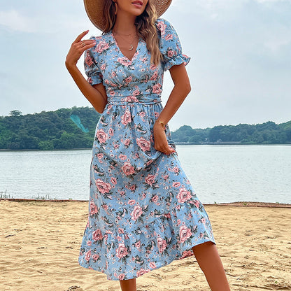 Floral A-Line Midi Dress with V-Neck and Ruffle Sleeves