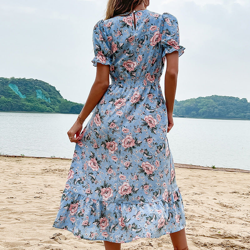 Floral A-Line Midi Dress with V-Neck and Ruffle Sleeves