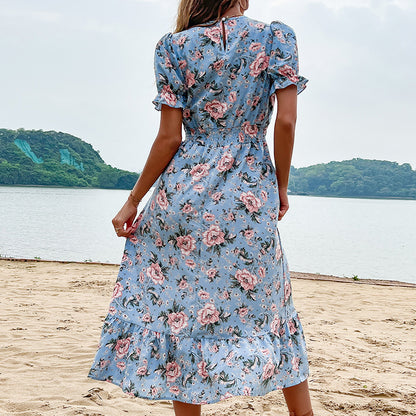 Floral A-Line Midi Dress with V-Neck and Ruffle Sleeves
