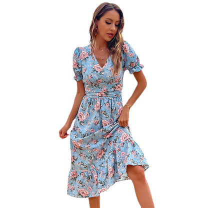 Floral A-Line Midi Dress with V-Neck and Ruffle Sleeves