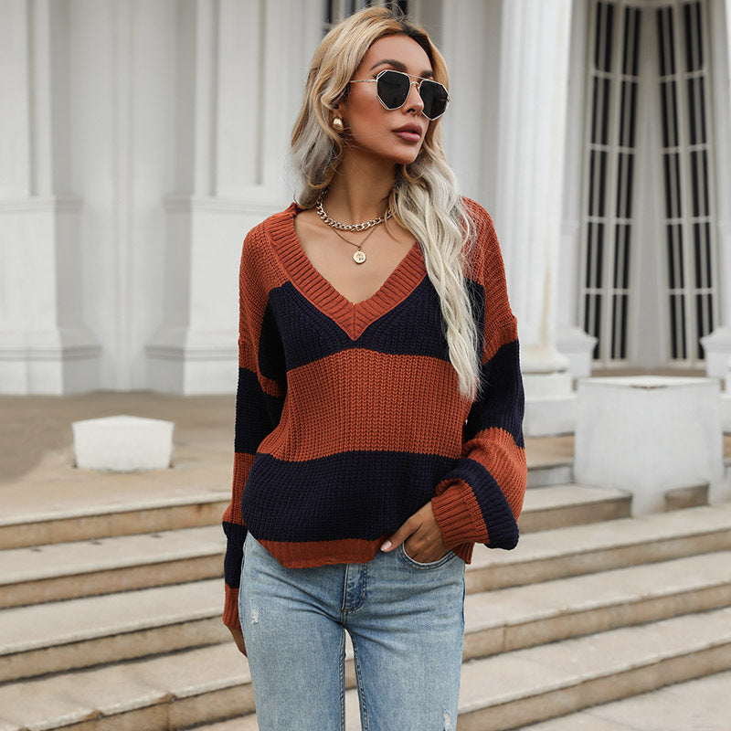 Loose Color-Block V-Neck Sweater