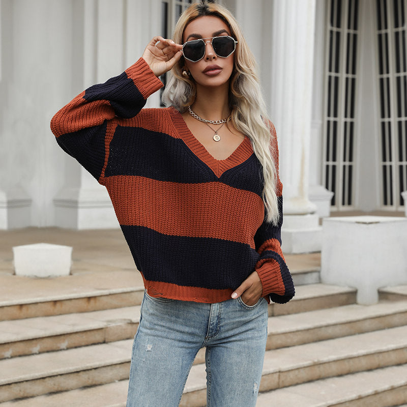 Loose Color-Block V-Neck Sweater