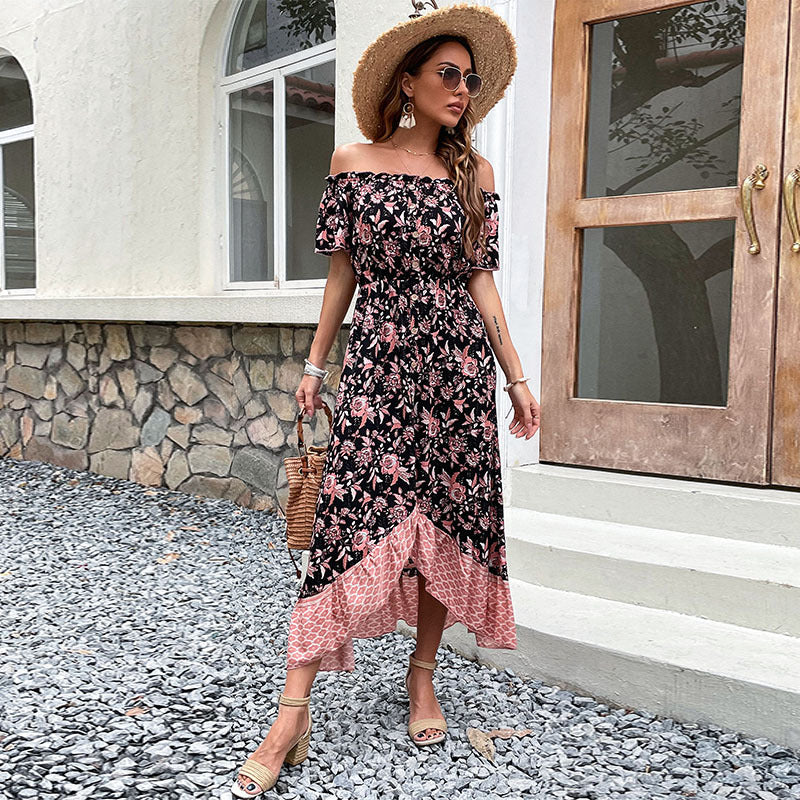 Floral Print Midi Dress with Off-Shoulder and Asymmetrical Hem