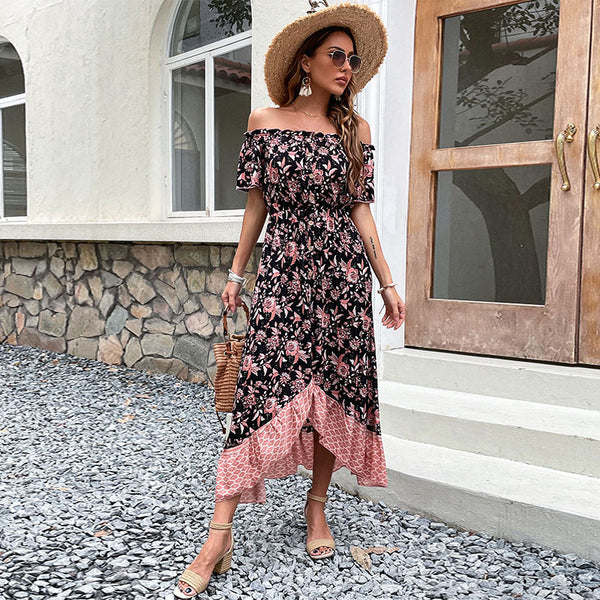 Floral Print Midi Dress with Off-Shoulder and Asymmetrical Hem