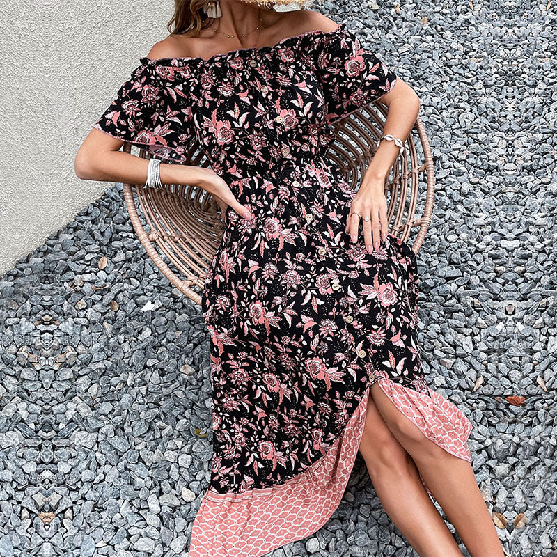 Floral Print Midi Dress with Off-Shoulder and Asymmetrical Hem