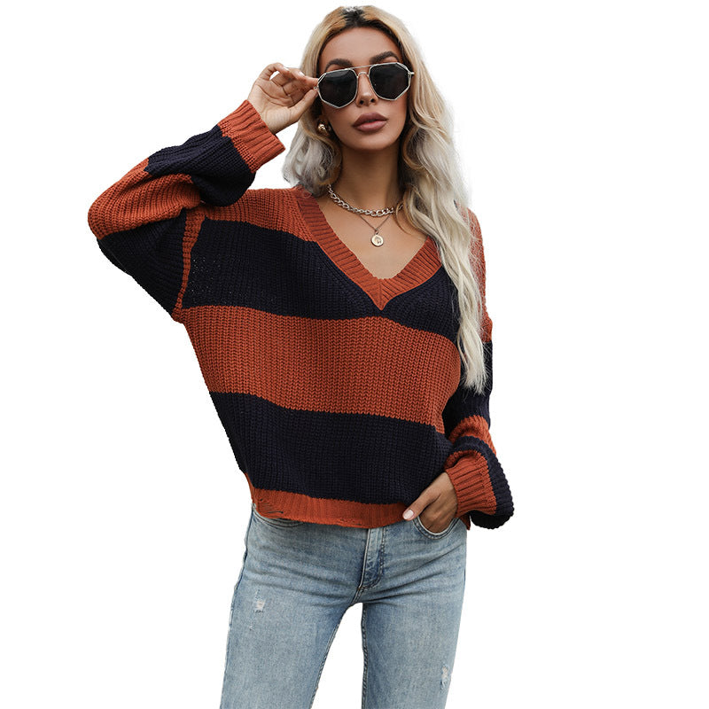 Loose Color-Block V-Neck Sweater