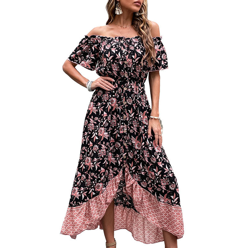 Floral Print Midi Dress with Off-Shoulder and Asymmetrical Hem