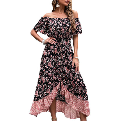 Floral Print Midi Dress with Off-Shoulder and Asymmetrical Hem