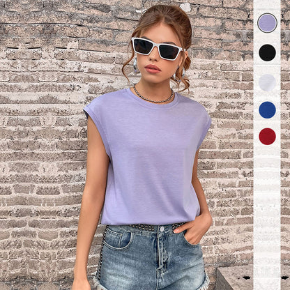 Loose Fit Solid Color Crewneck T-Shirt with Cap Sleeves